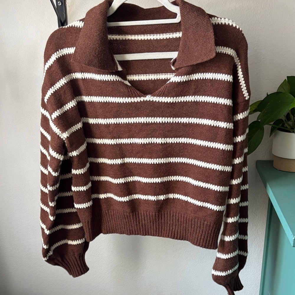 Brown and White Striped Women's Sweater